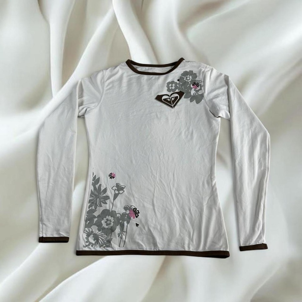Roxy white brown logo babydoll long sleeve top y2k vintage mcbling skater grunge